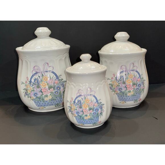 Vintage Set of 3 Stanhome Porcelain Kitchen Canister Set w/ Floral Basket Design - Picture 1 of 7